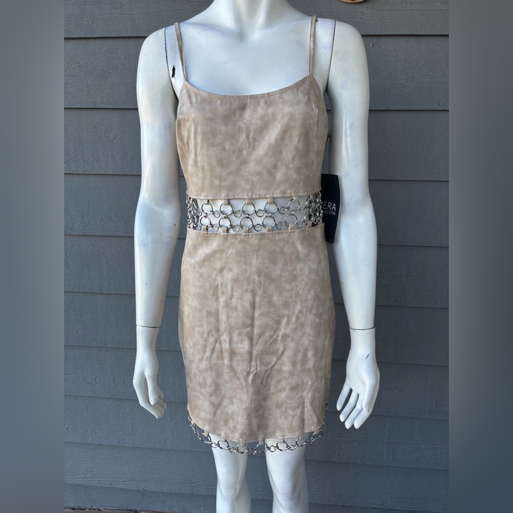 Hera Collection Beige Mini Dress with Chain Accents